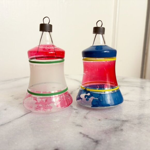 Vintage Premier Bell Unsilvered Ornaments Glass Pair Striped 2 Clear Red Blue - Picture 1 of 5
